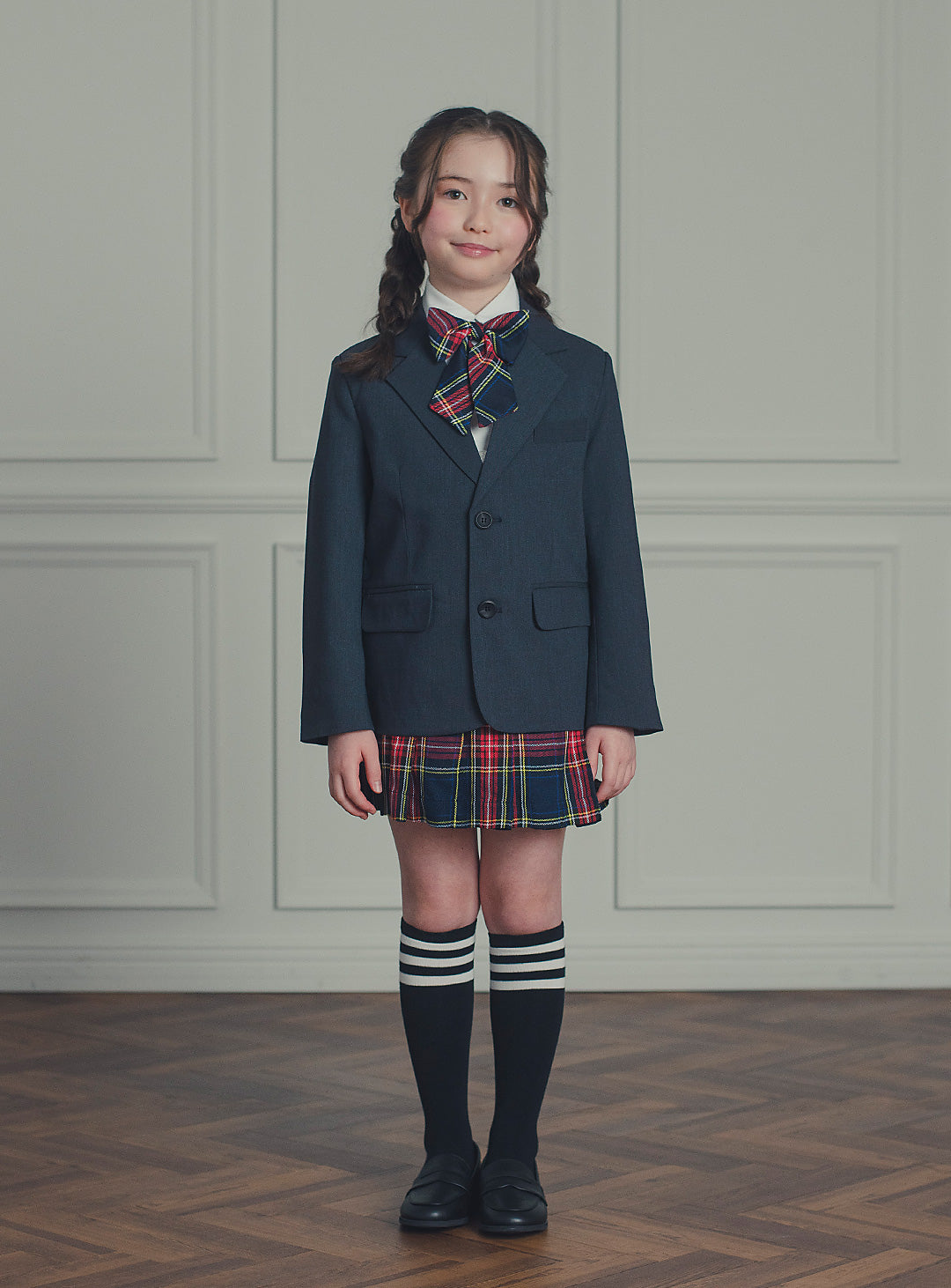 アメリアチャコールウールジャケットレッドチェックスカート2ピースセット(ジャケット、スカート)