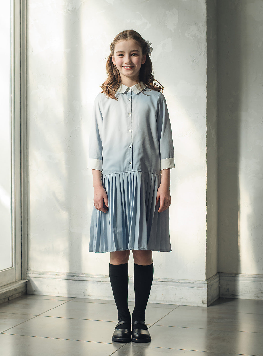 ブルーグレープリーツシャツワンピース