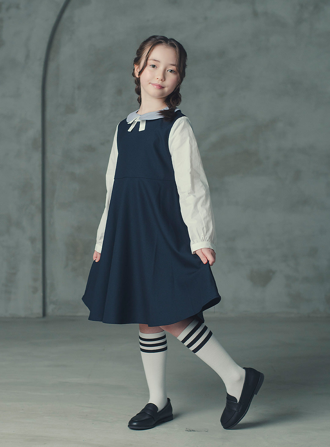 モーブネイビーシングルジャケット+ネイビーバイカラーフェイクワンピース