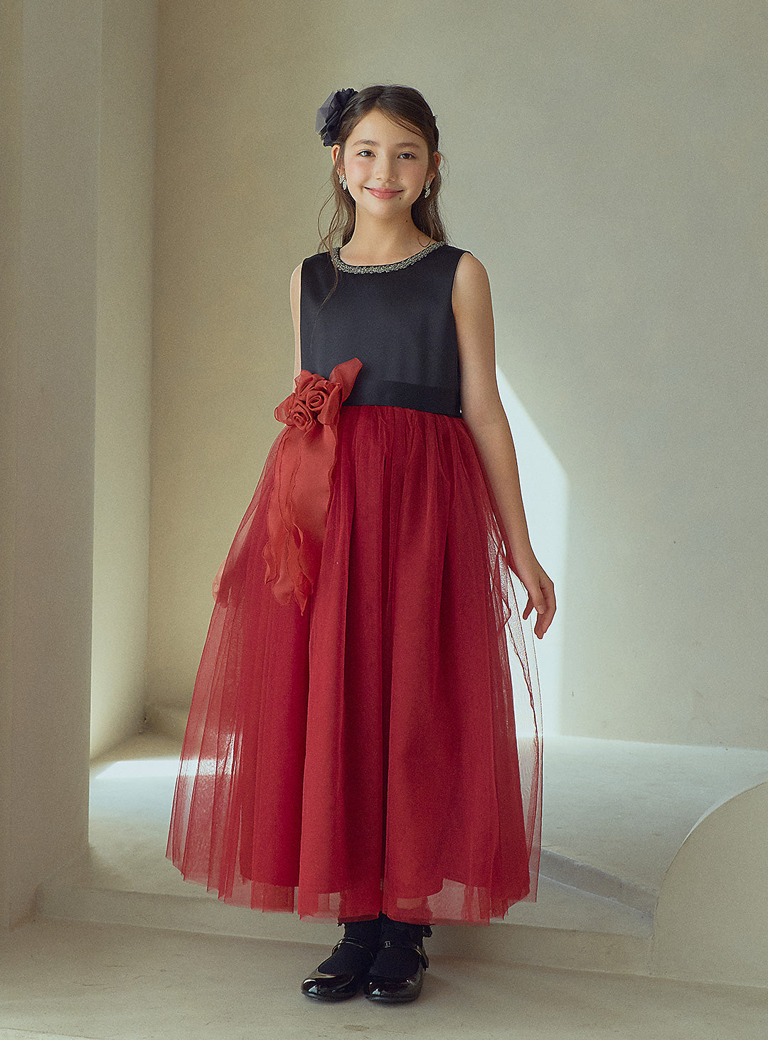 Black and Red Rose Corsage Long Dress