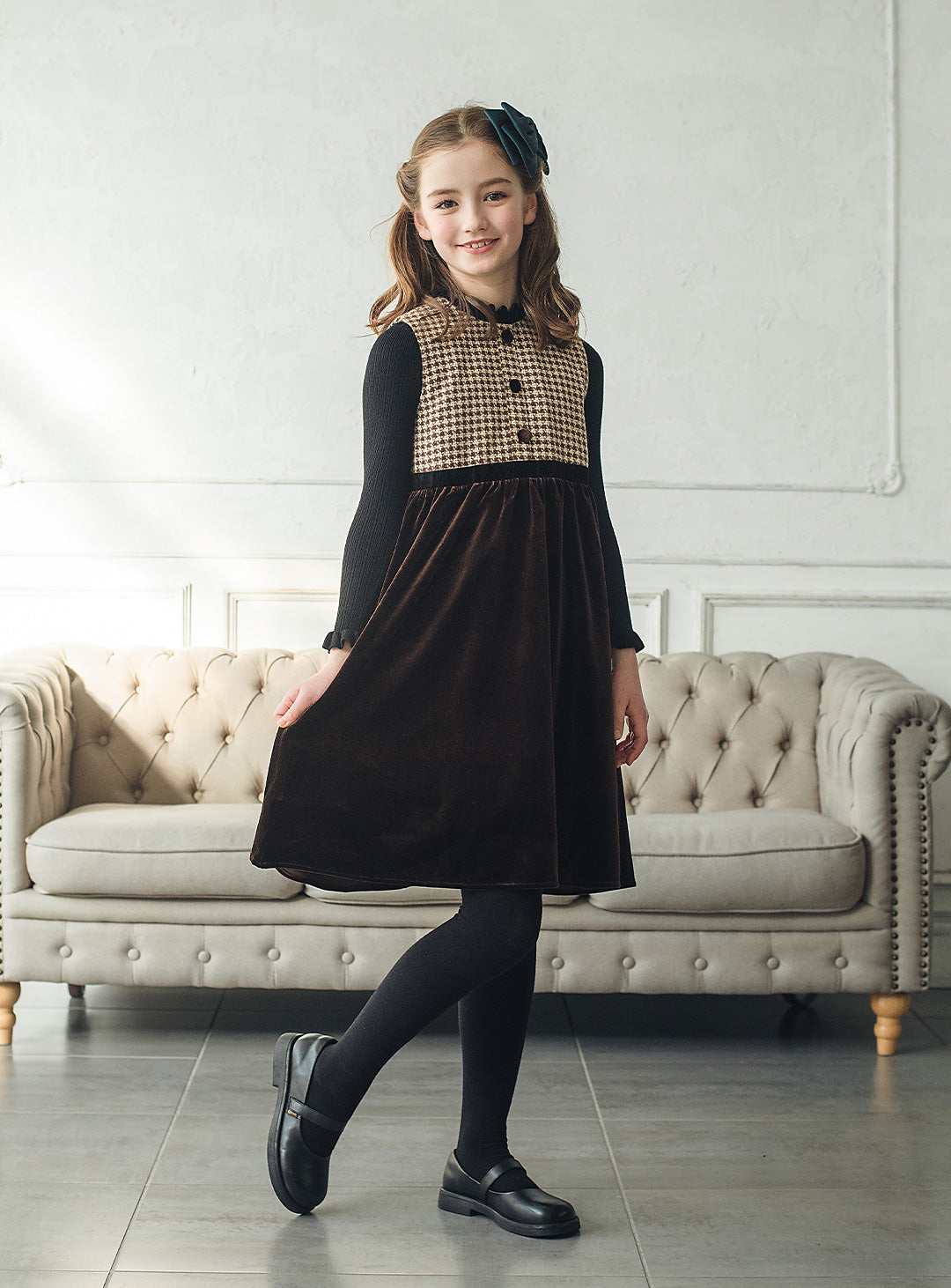 ヘリンボーン×ベロア切り替えワンピース