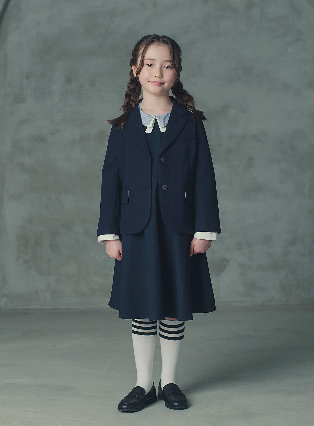 モーブネイビーシングルジャケット+ネイビーバイカラーフェイクワンピース