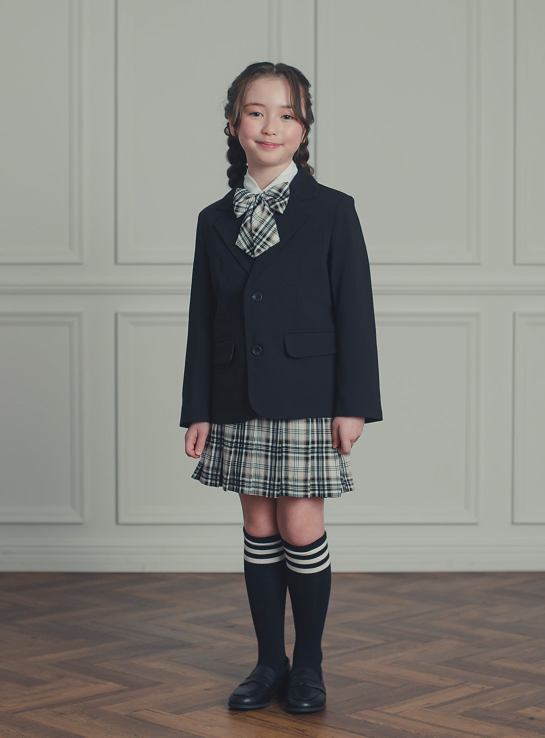 エリスブラックウール混ジャケットチェックスカート2ピースセット(ジャケット、スカート)