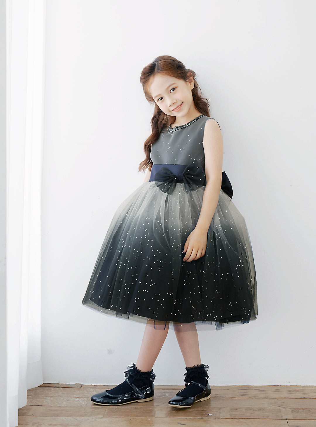 子供ドレス発表会・結婚式・おしゃれなDRESCCOのD-SU-172-グレイネイビーシルバースタードレスの画像1