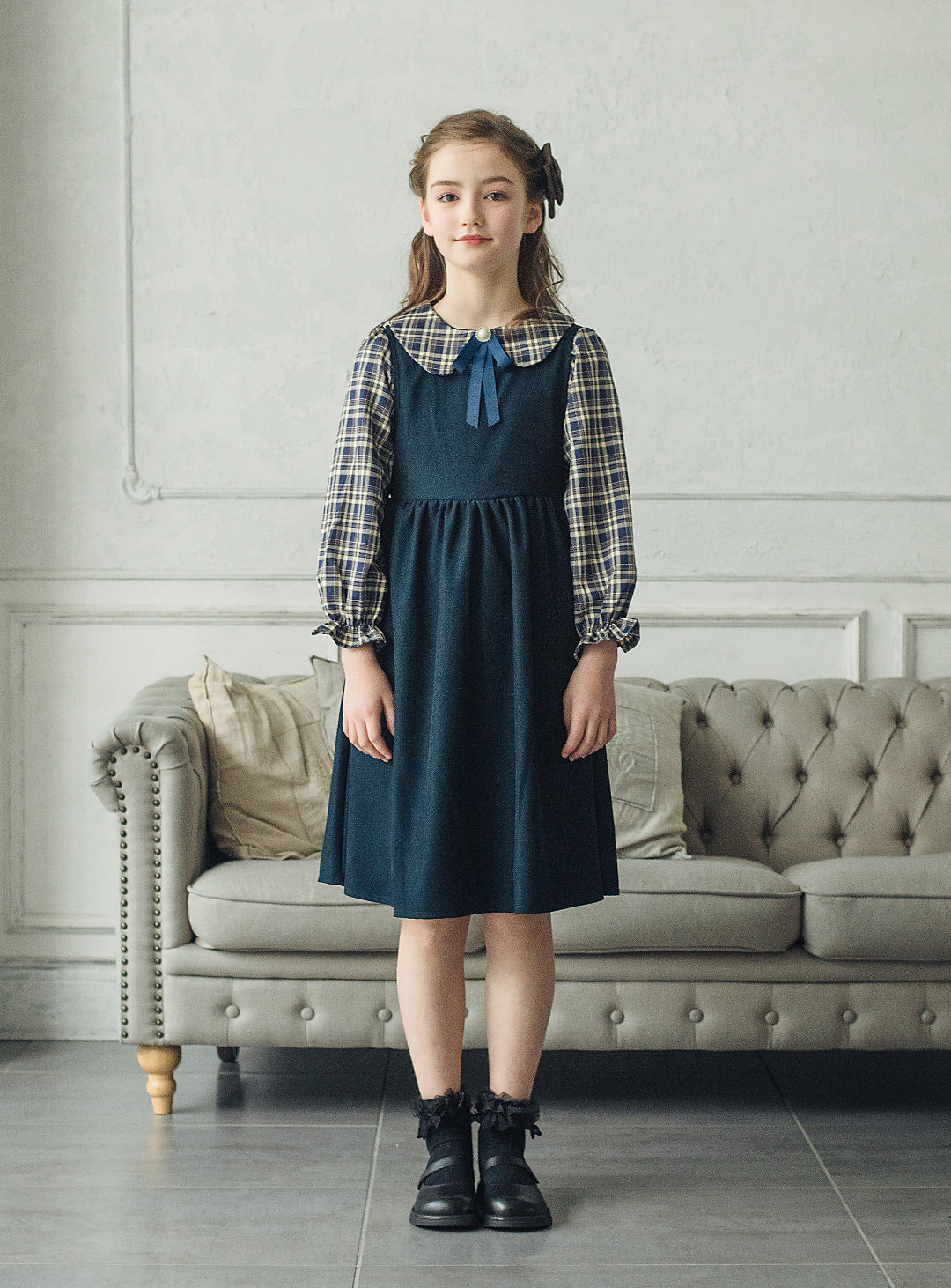 チェックブラウス×ジャンパースカートセットアップ