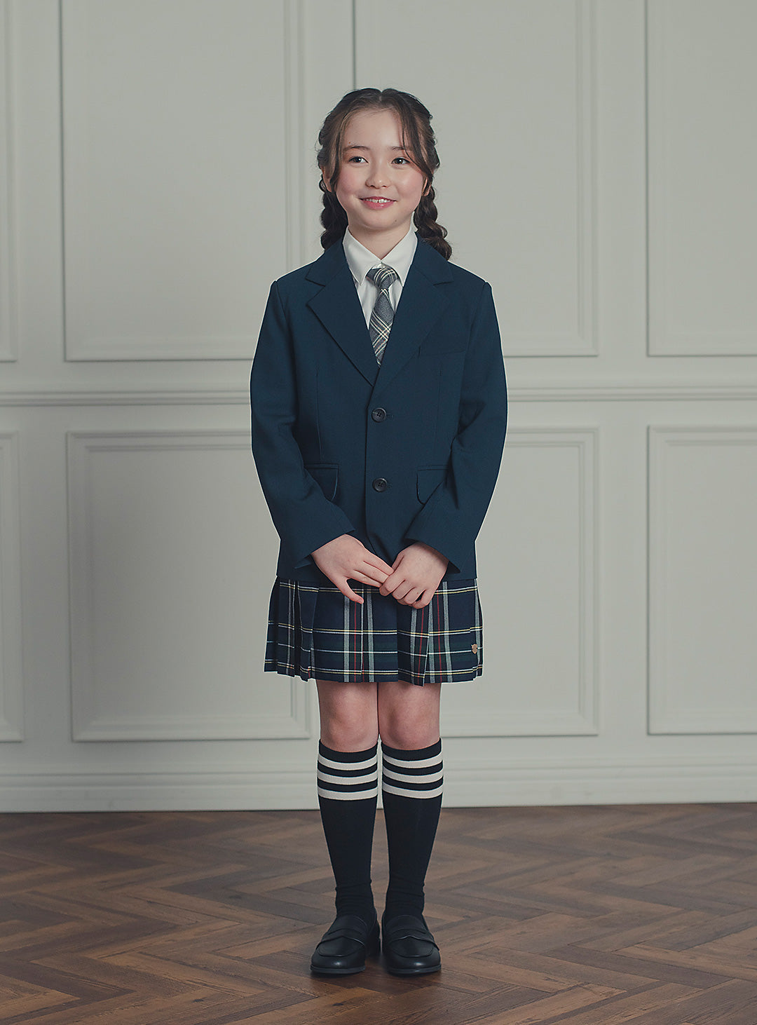 エマネイビーウール混ジャケットチェックスカート2ピースセット(ジャケット、スカート)