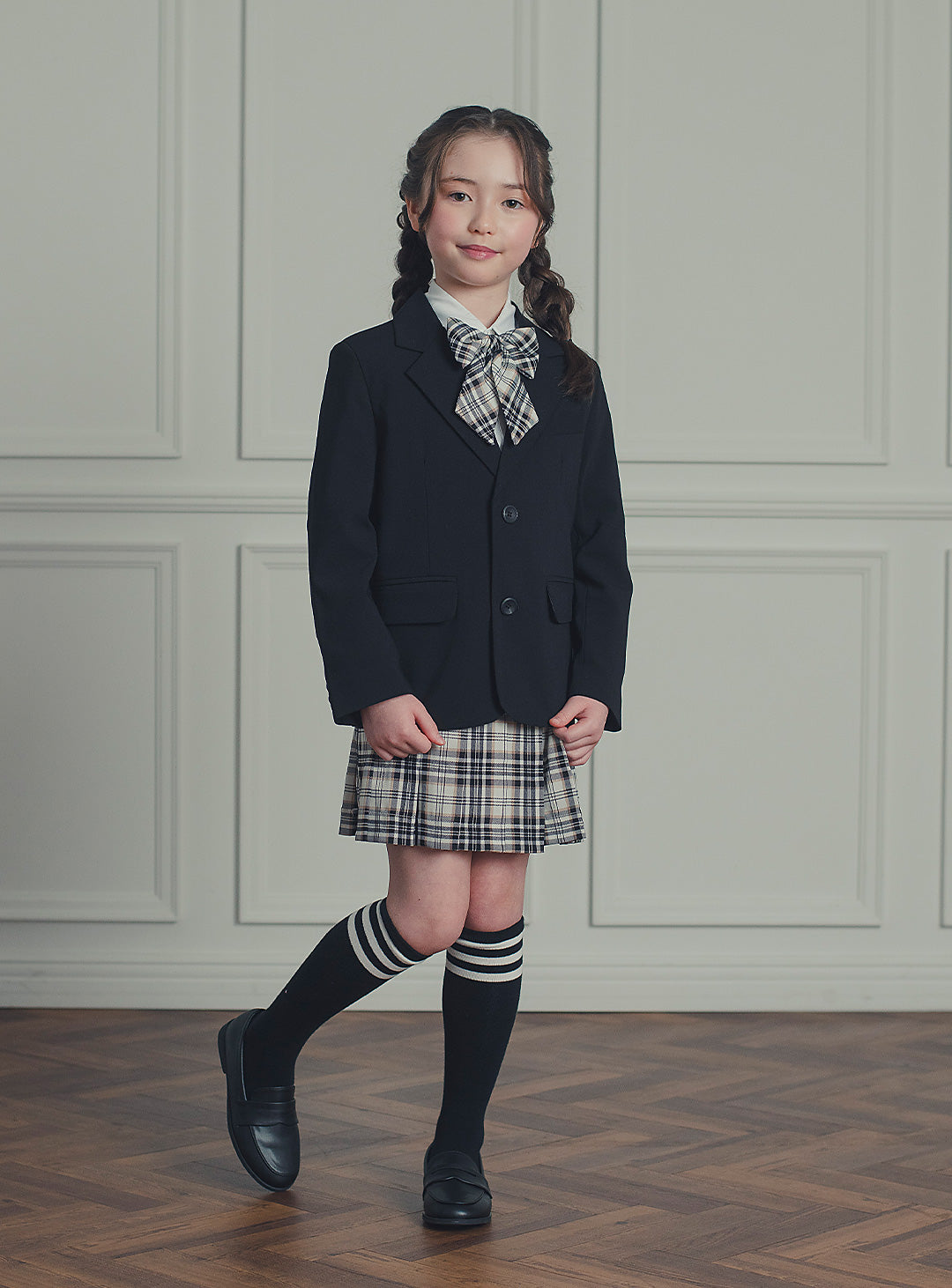 エリスブラックウール混ジャケットチェックスカート2ピースセット(ジャケット、スカート)