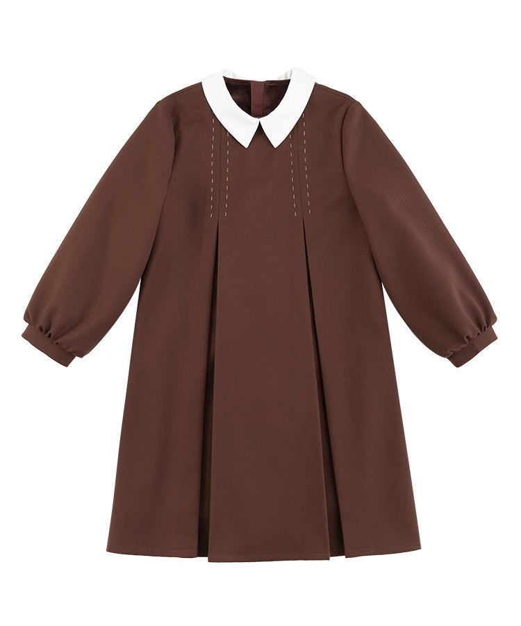 K10005 - バイカラーステッチブラウンレッドプリーツワンピース