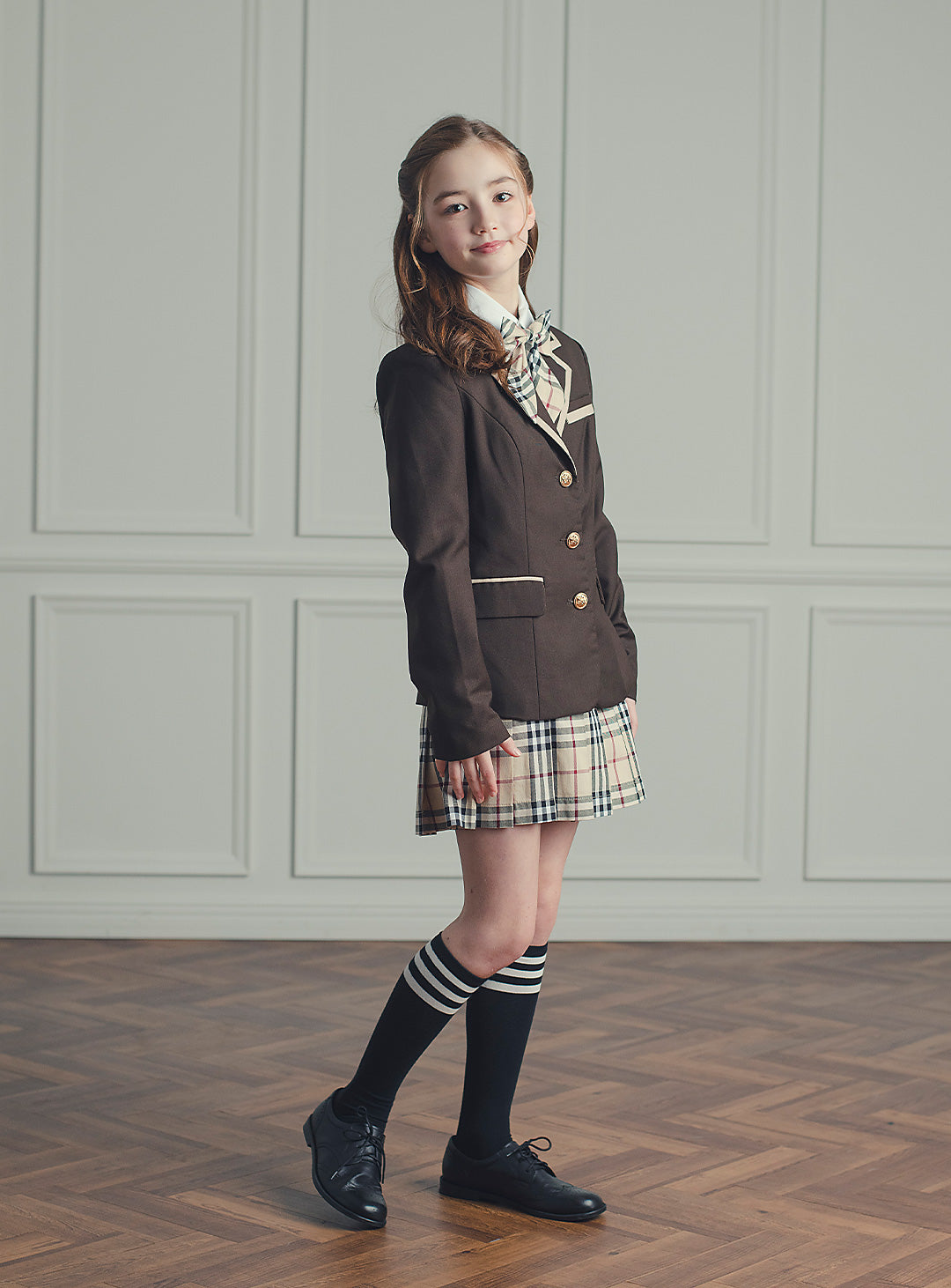 セリーナブラウンパイピングジャケットチェックプリーツスカート2ピースセット(ジャケット、スカート)