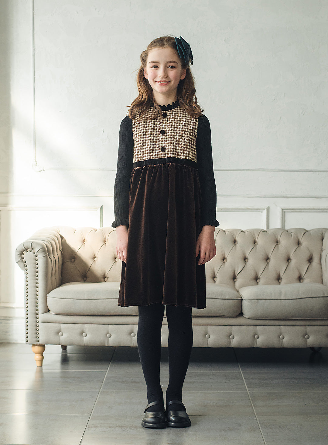 ヘリンボーン×ベロア切り替えワンピース