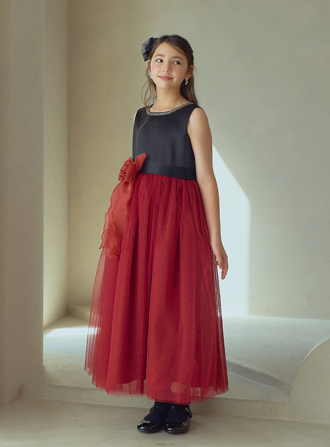 Black and Red Rose Corsage Long Dress