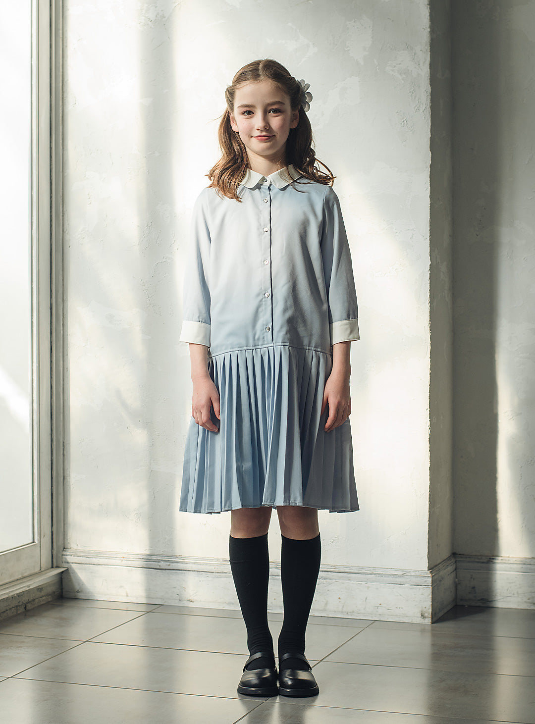 ブルーグレープリーツシャツワンピース