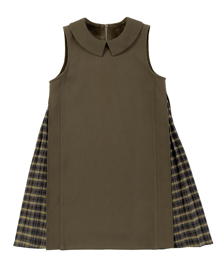 K9087 - アコーディオンプリーツ切り替えカーキワンピース