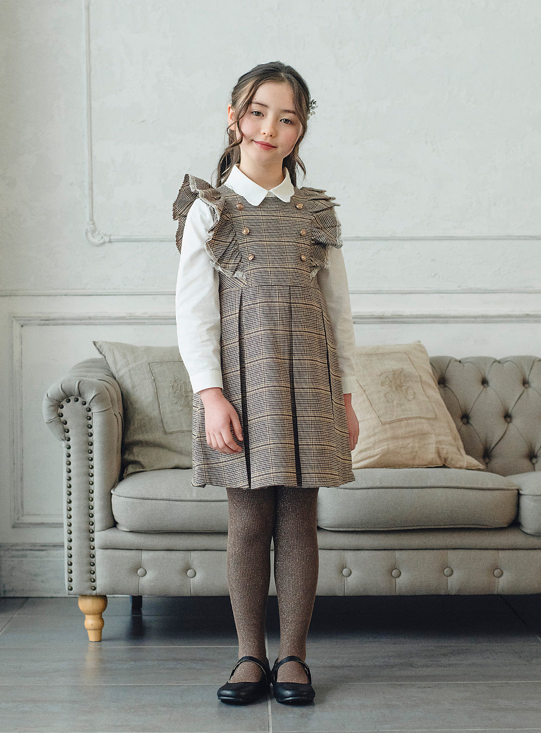 クラシックチェックフリルワンピース(ブラウン)