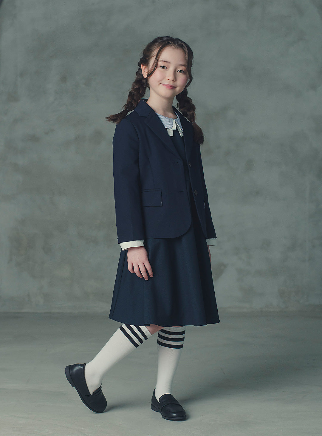 モーブネイビーシングルジャケット+ネイビーバイカラーフェイクワンピース