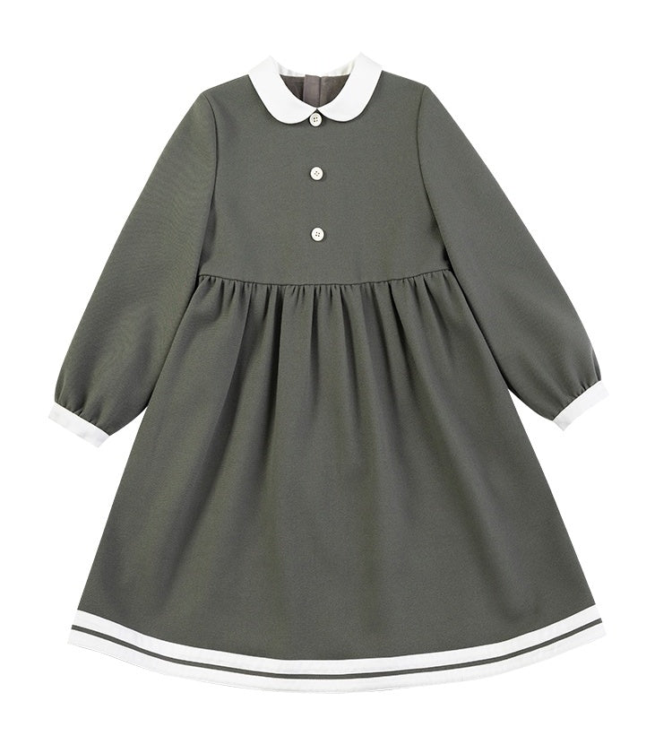 K9090 - カーキ×ホワイト配色長袖ワンピース