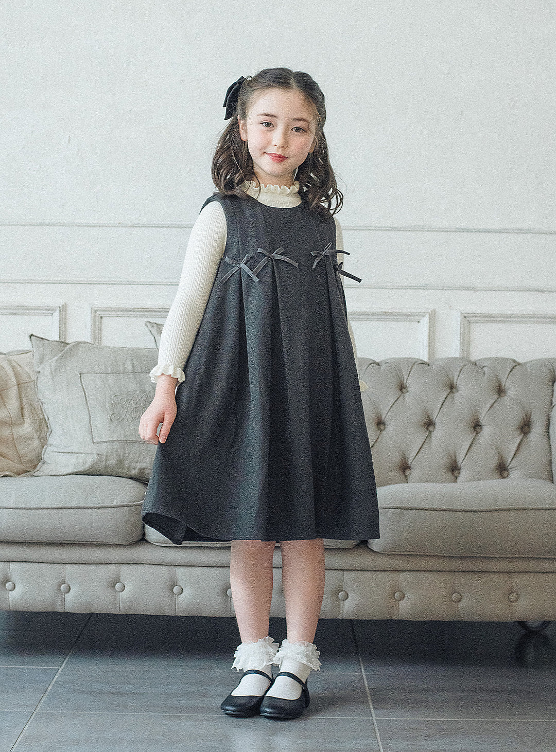 グレーリボンフレアワンピース