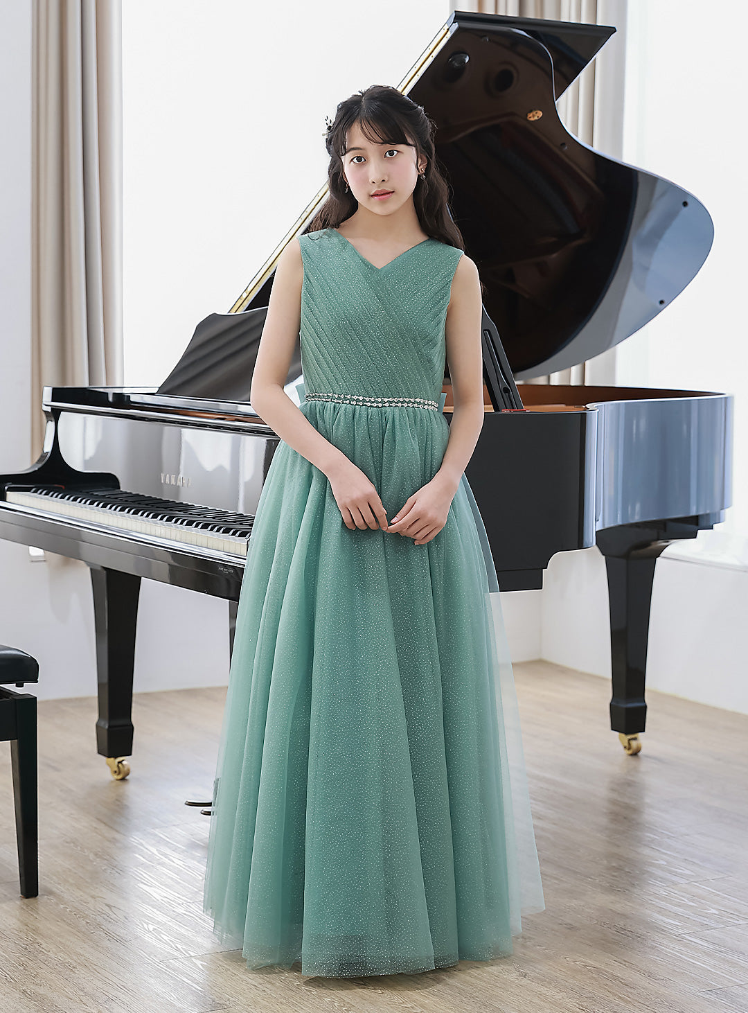 シルバーセージグリーンチュールロングドレス