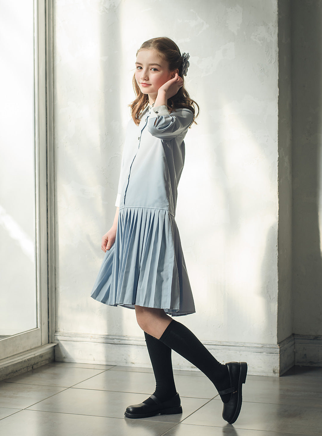 ブルーグレープリーツシャツワンピース