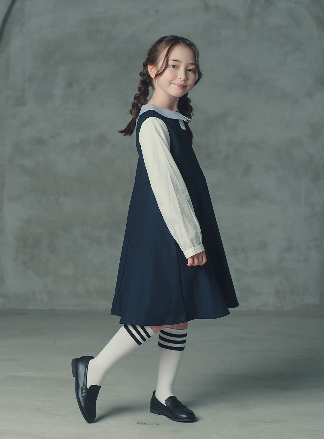 モーブネイビーシングルジャケット+ネイビーバイカラーフェイクワンピース