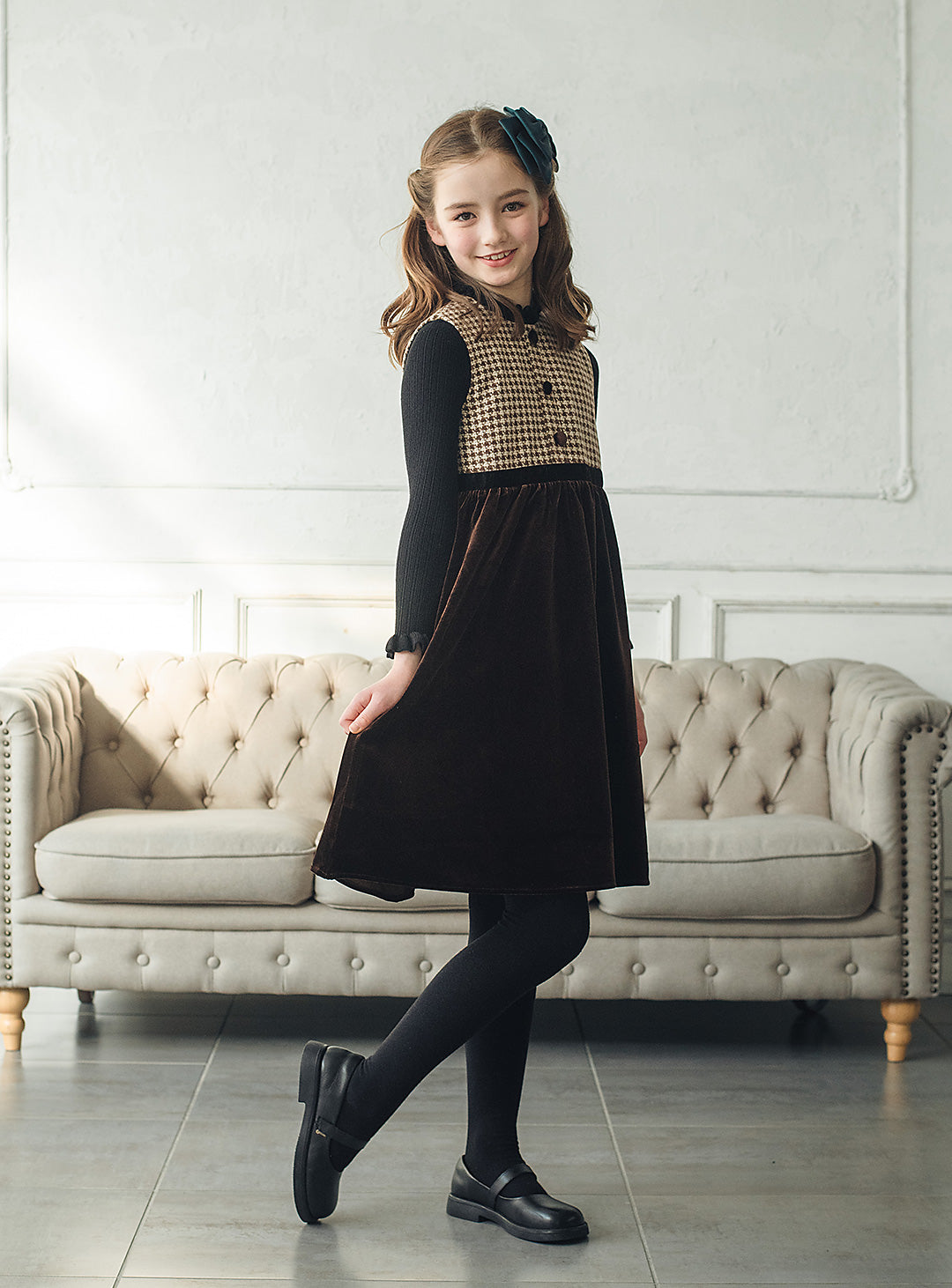 ヘリンボーン×ベロア切り替えワンピース