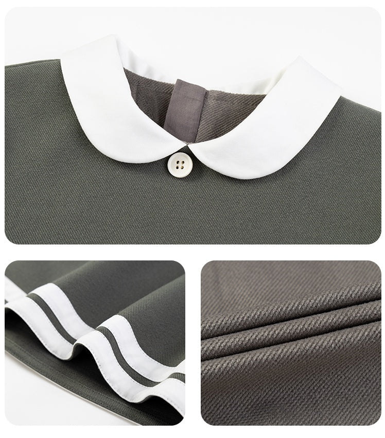 K9090 - カーキ×ホワイト配色長袖ワンピース