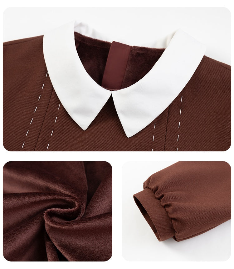 K10005 - バイカラーステッチブラウンレッドプリーツワンピース