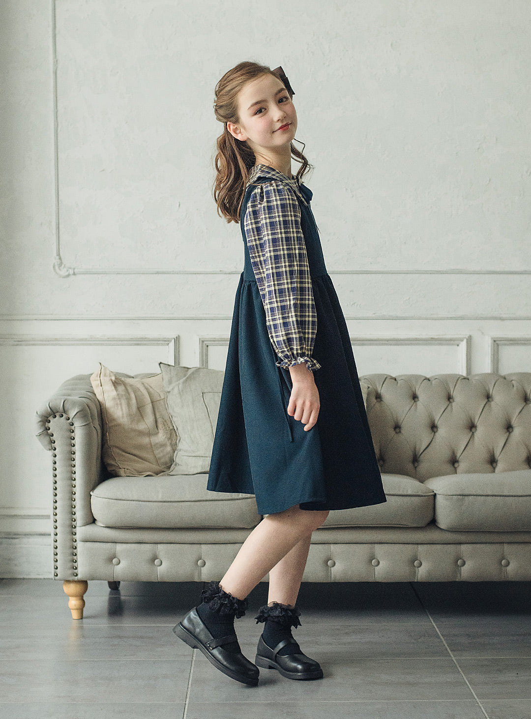 チェックブラウス×ジャンパースカートセットアップ