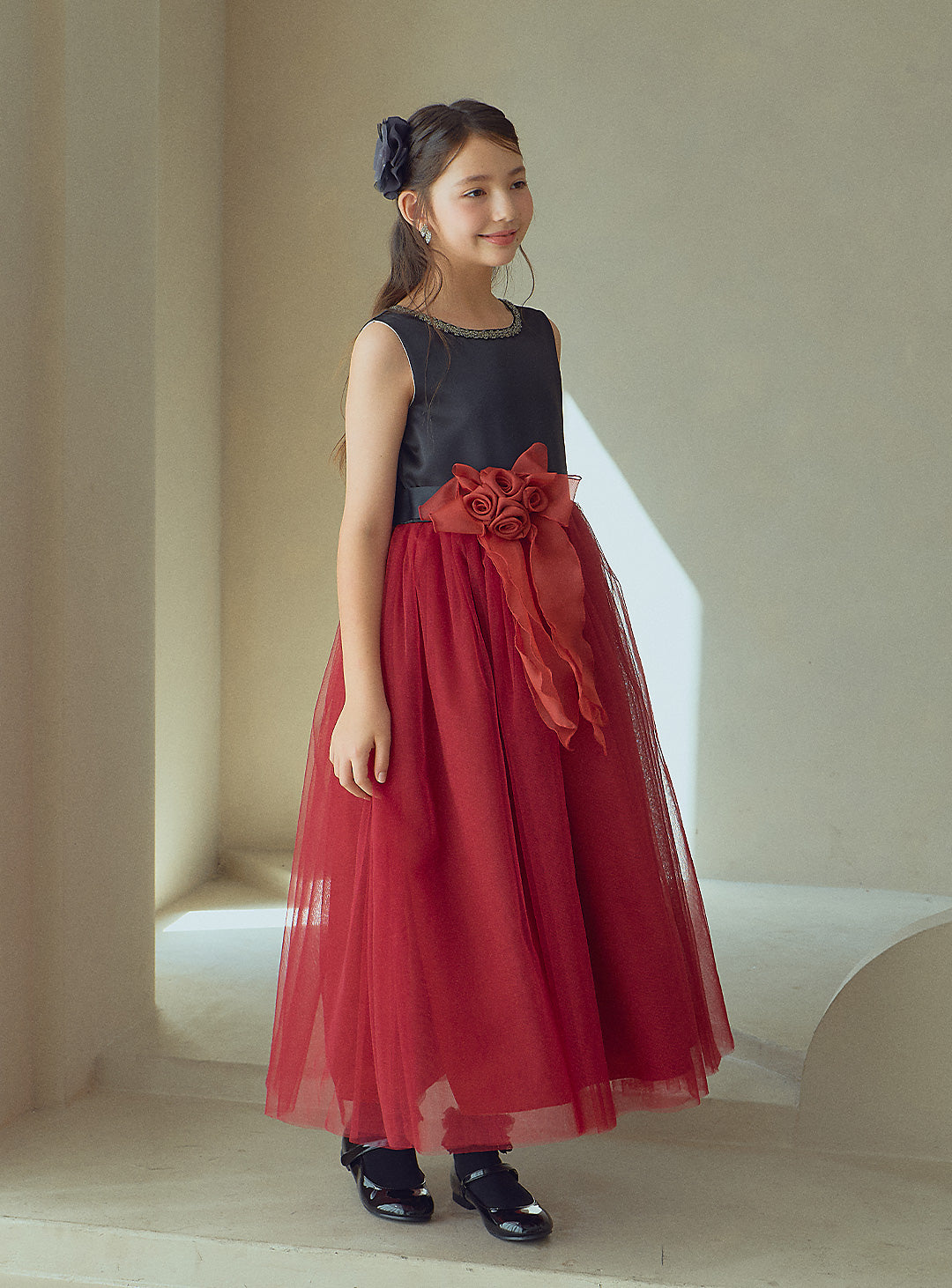 Black and Red Rose Corsage Long Dress