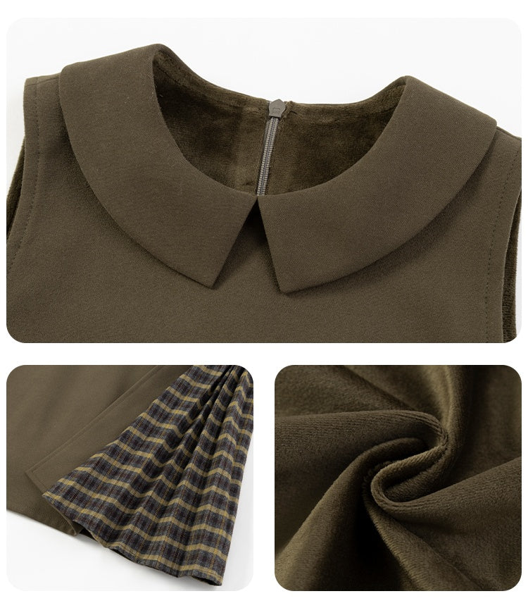 K9087 - アコーディオンプリーツ切り替えカーキワンピース