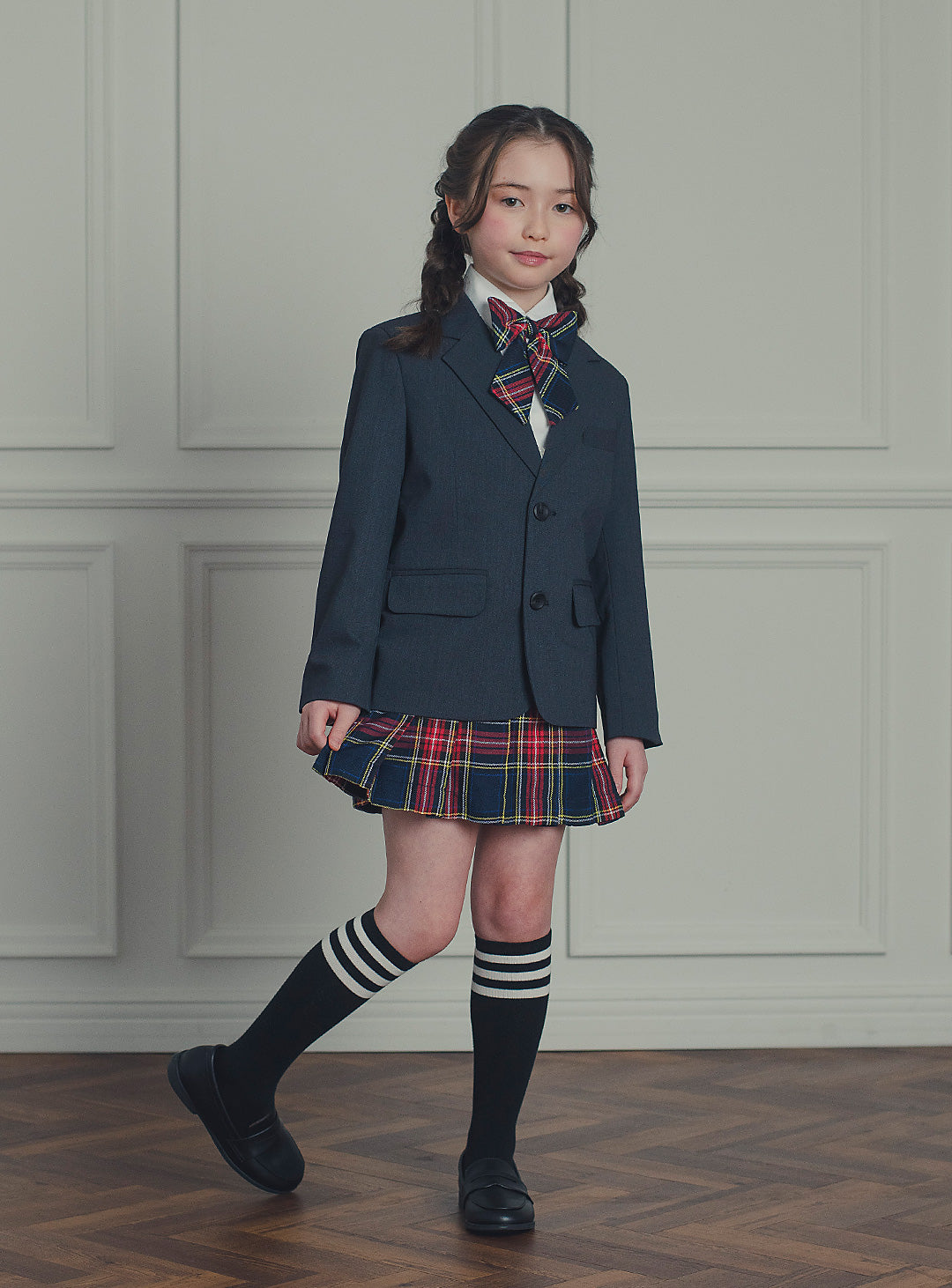 アメリアチャコールウールジャケットレッドチェックスカート2ピースセット(ジャケット、スカート)