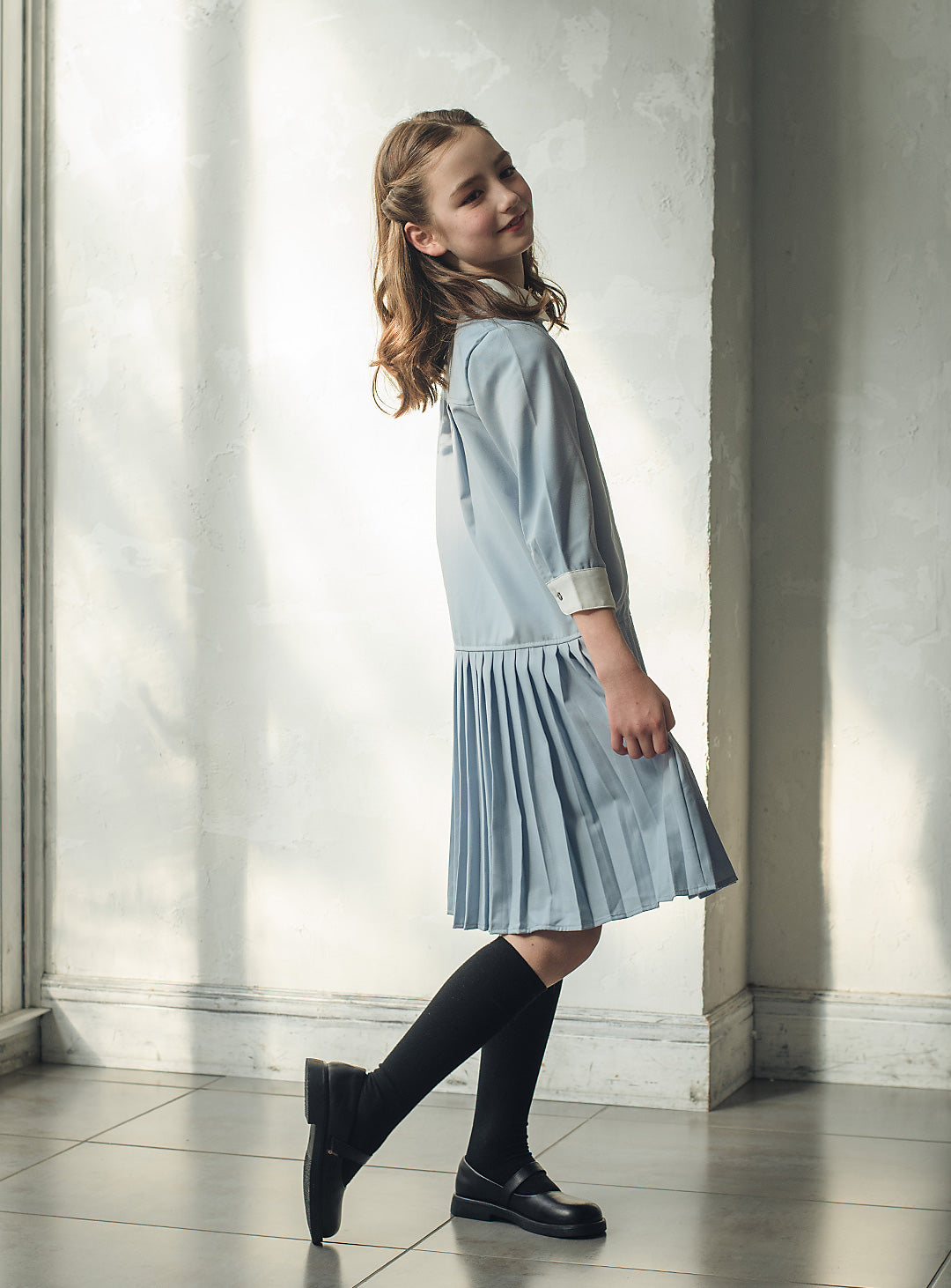 ブルーグレープリーツシャツワンピース