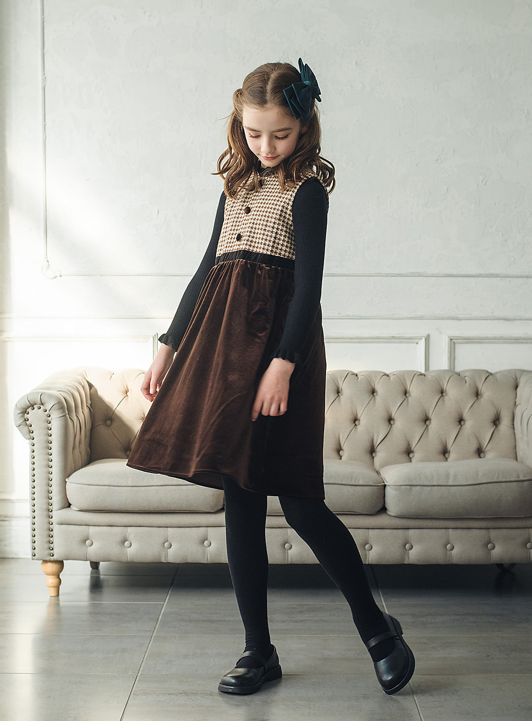 ヘリンボーン×ベロア切り替えワンピース