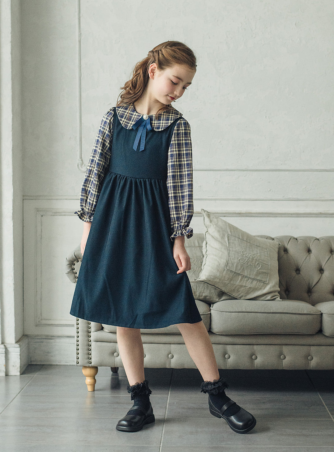 チェックブラウス×ジャンパースカートセットアップ