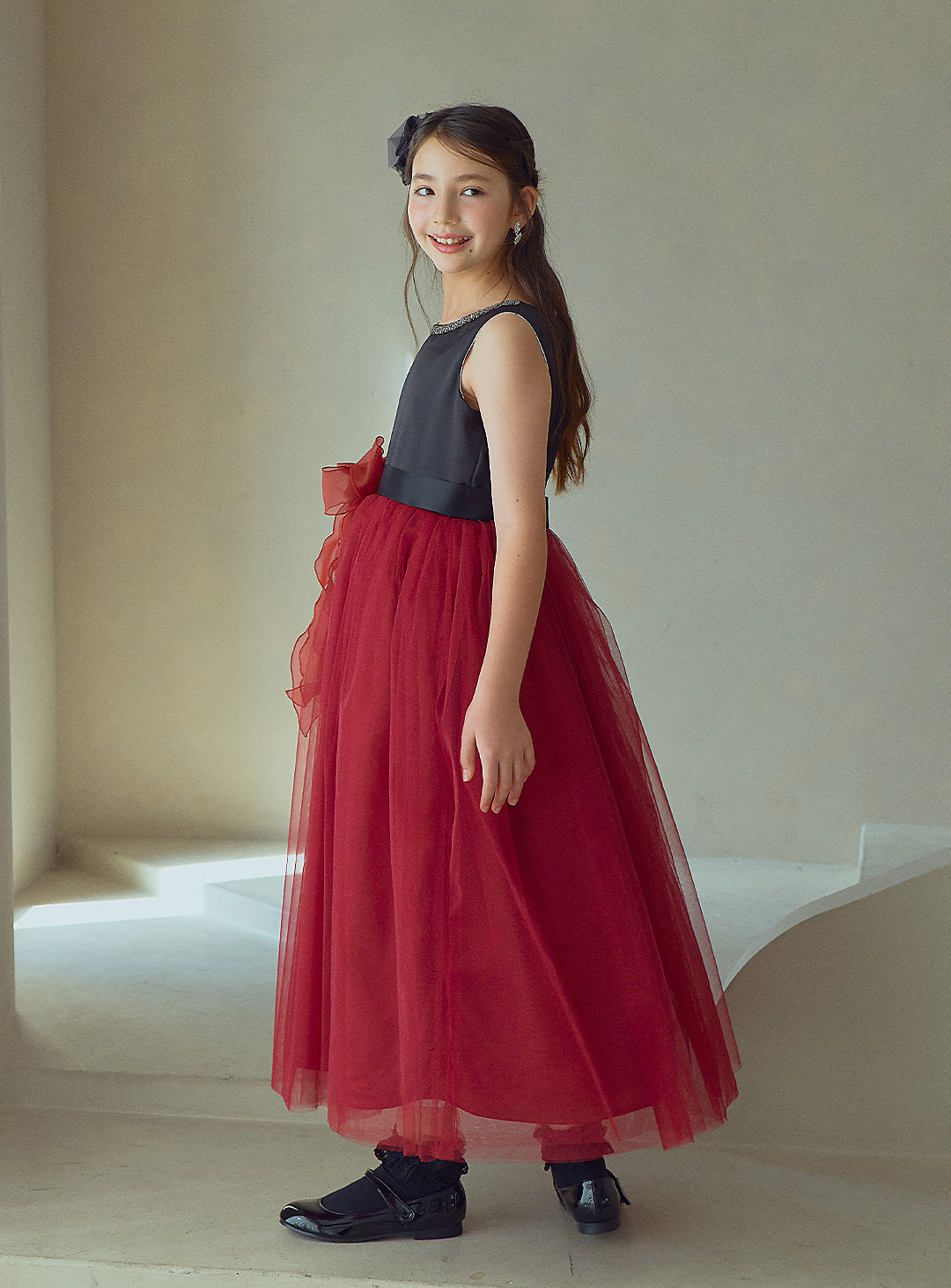 Black and Red Rose Corsage Long Dress