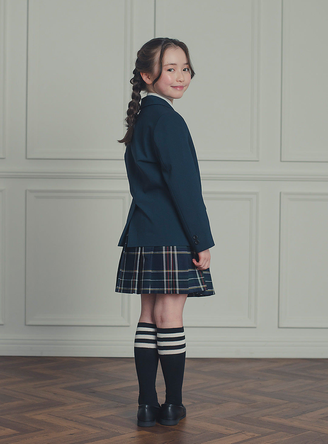 エマネイビーウール混ジャケットチェックスカート2ピースセット(ジャケット、スカート)