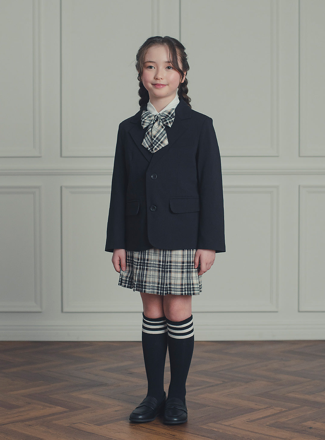 エリスブラックウール混ジャケットチェックスカート2ピースセット(ジャケット、スカート)