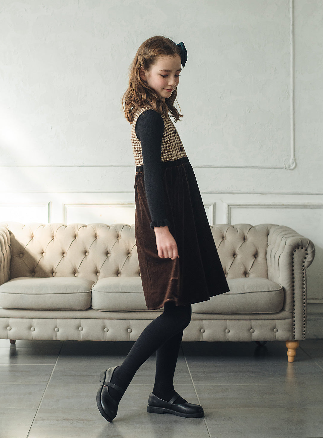 ヘリンボーン×ベロア切り替えワンピース