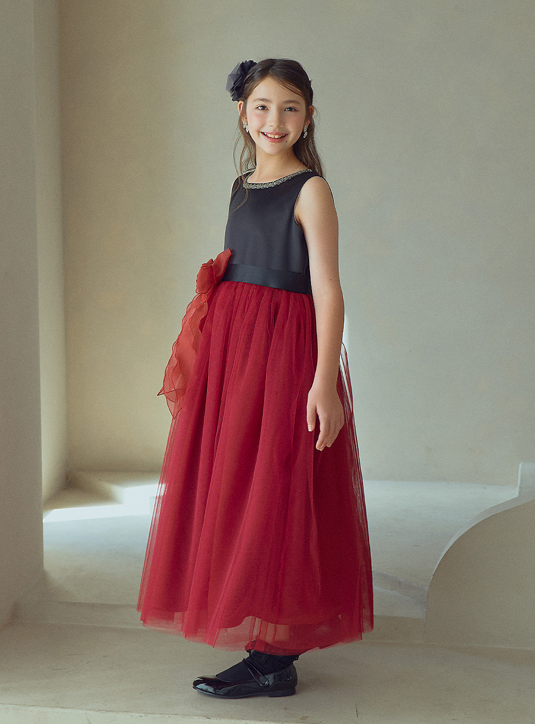 Black and Red Rose Corsage Long Dress