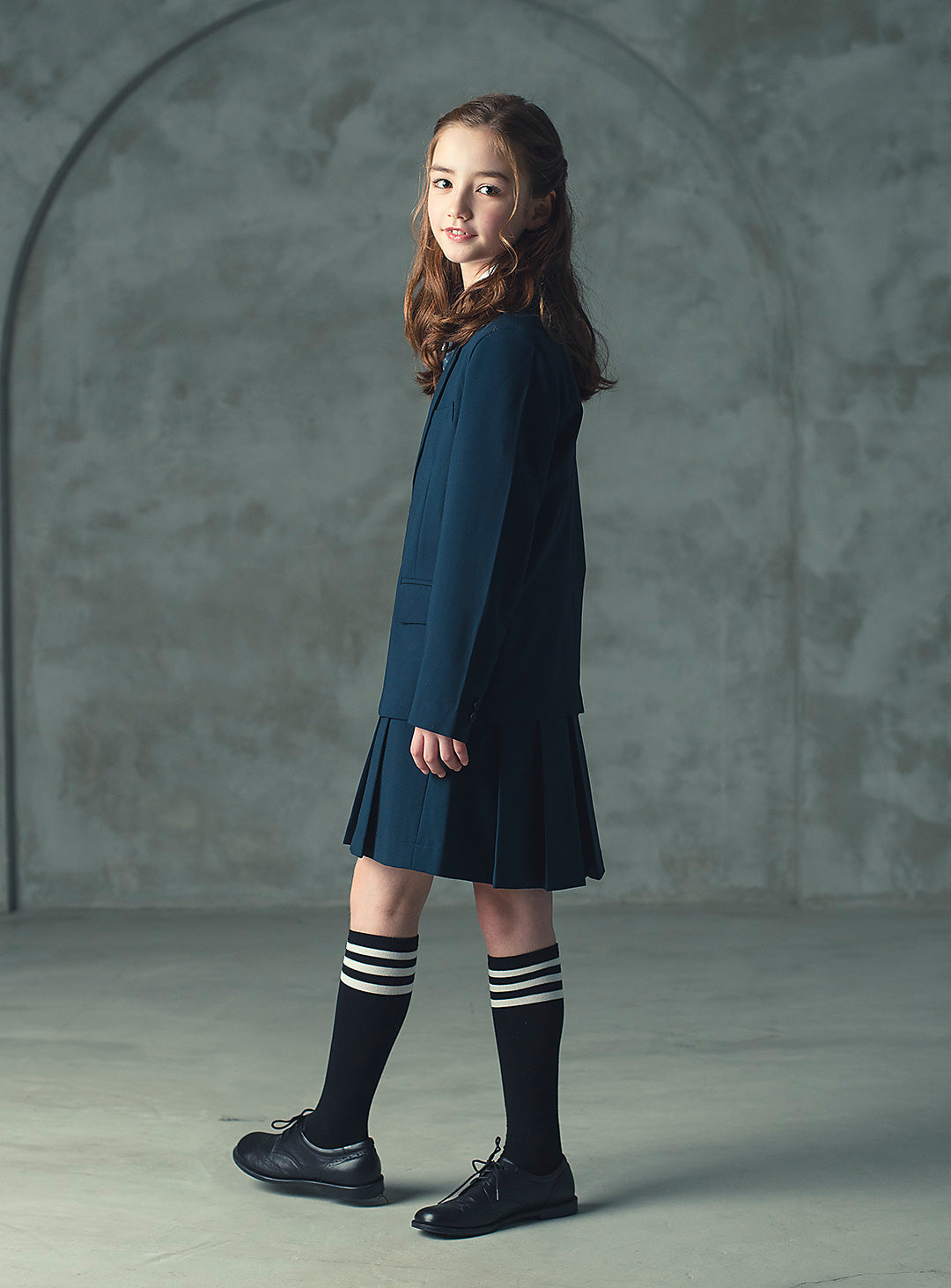 エマネイビーウール混ジャケットプリーツスカート2ピースセット(ジャケット、スカート)