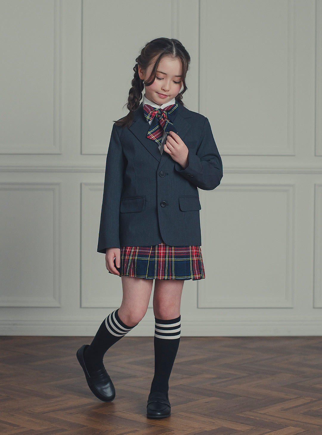 アメリアチャコールウールジャケットレッドチェックスカート2ピースセット(ジャケット、スカート)