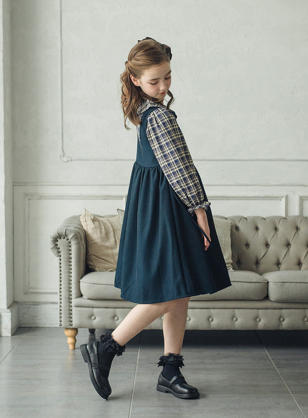 チェックブラウス×ジャンパースカートセットアップ