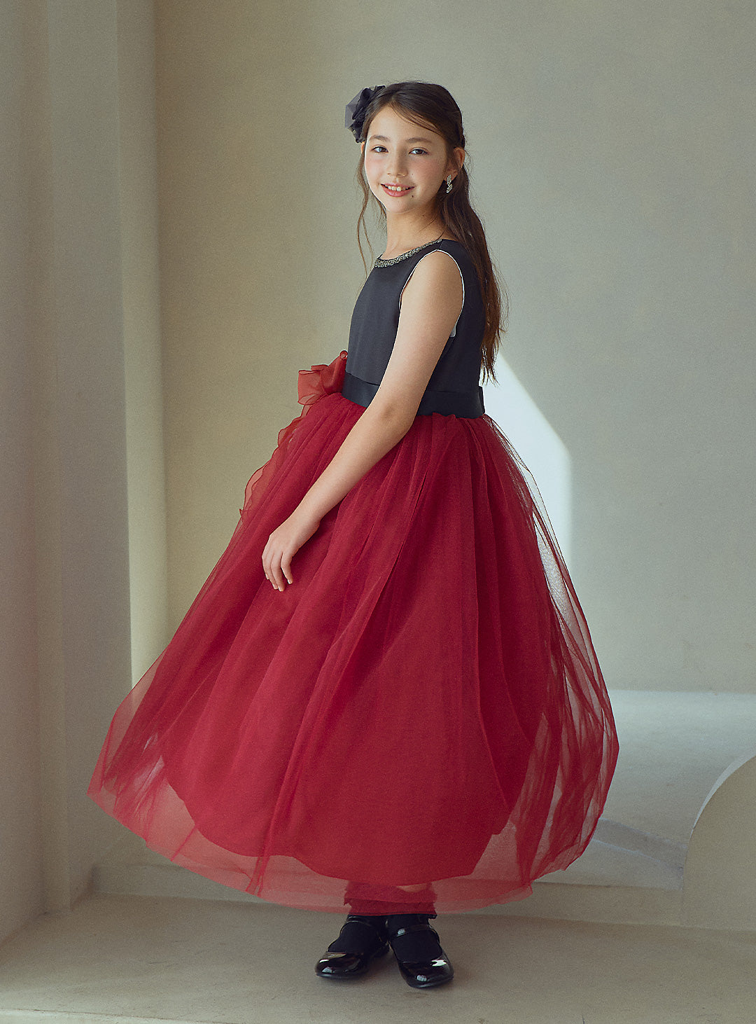 Black and Red Rose Corsage Long Dress