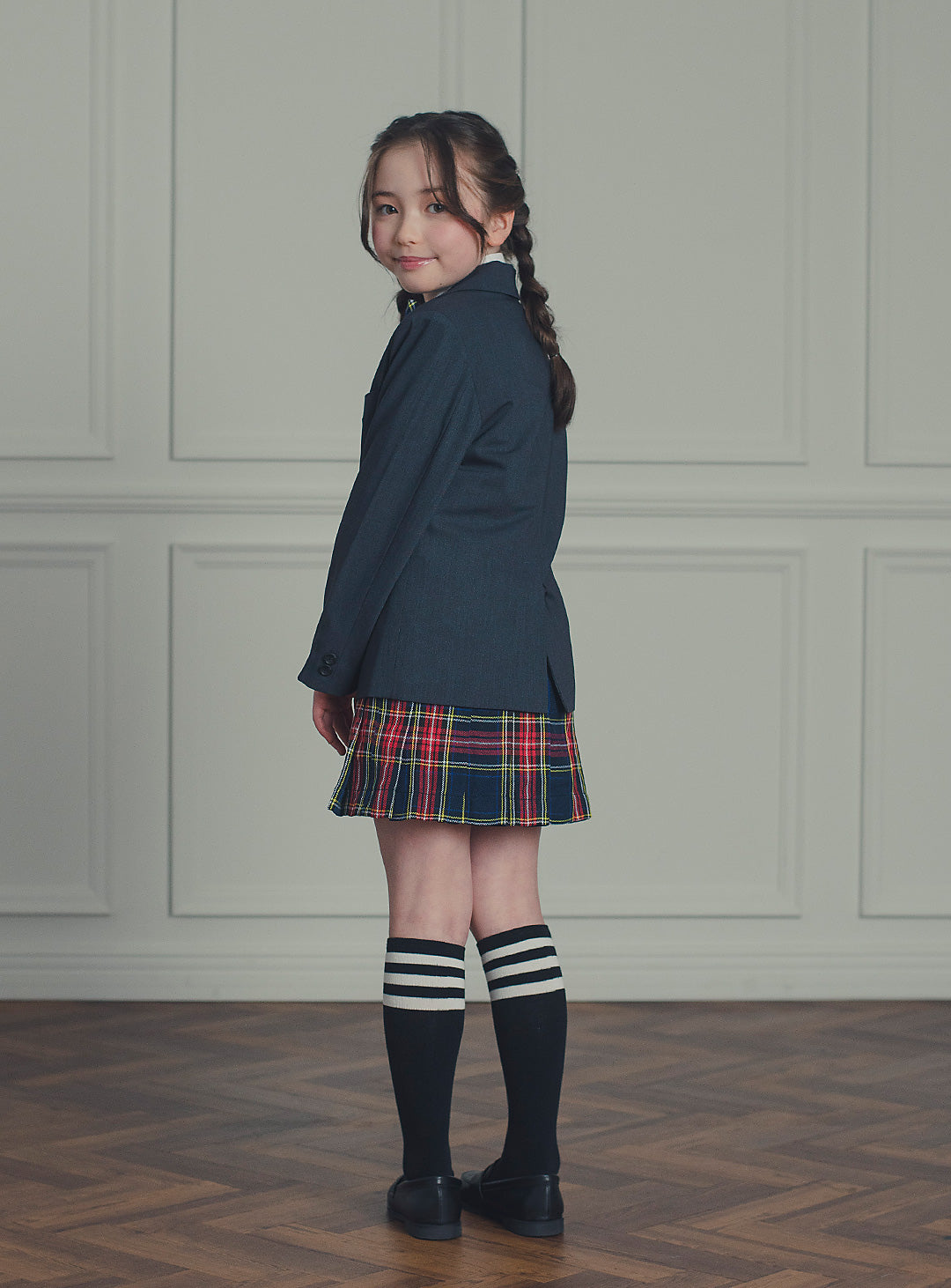 アメリアチャコールウールジャケットレッドチェックスカート2ピースセット(ジャケット、スカート)