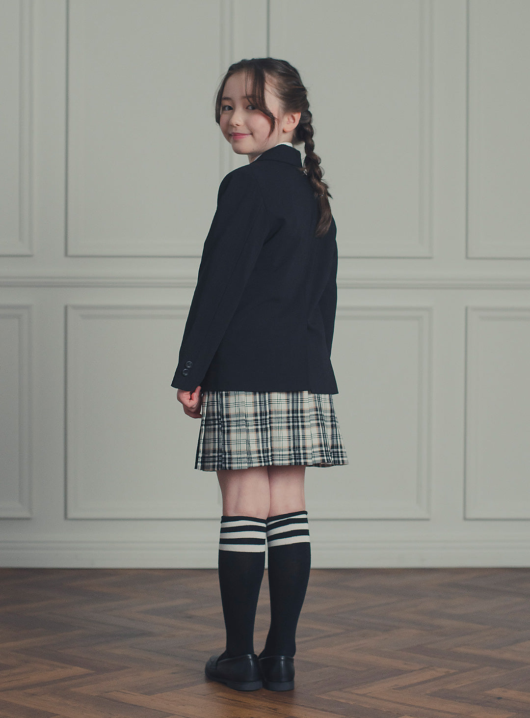 エリスブラックウール混ジャケットチェックスカート2ピースセット(ジャケット、スカート)