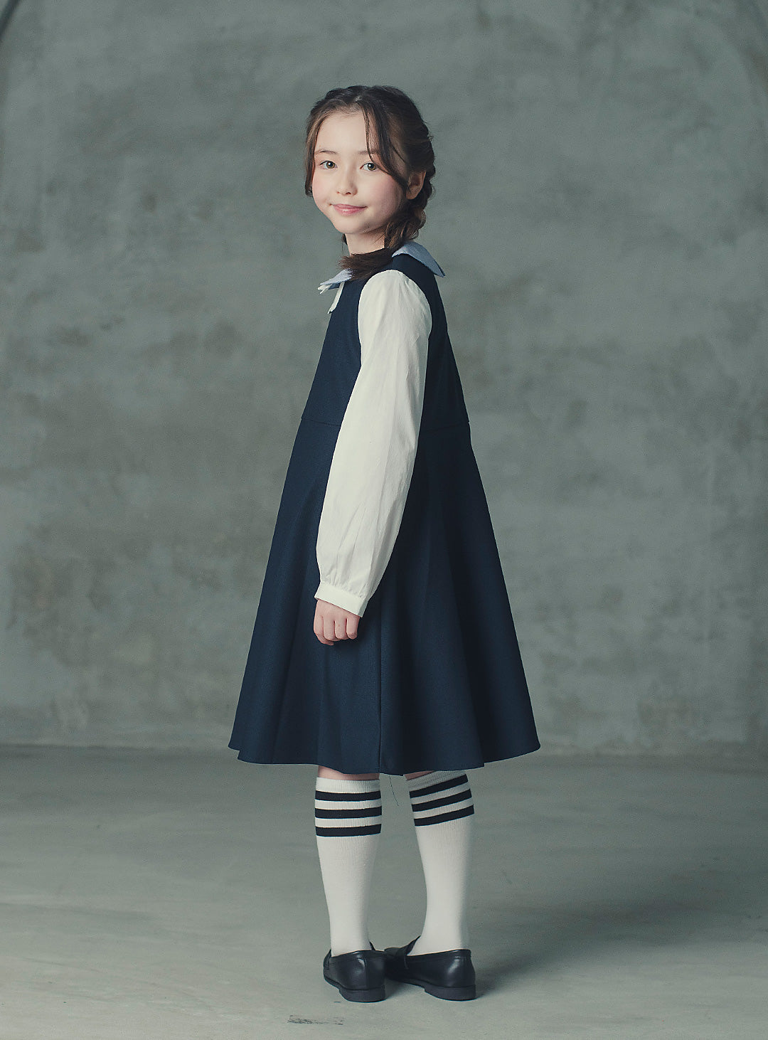 モーブネイビーシングルジャケット+ネイビーバイカラーフェイクワンピース