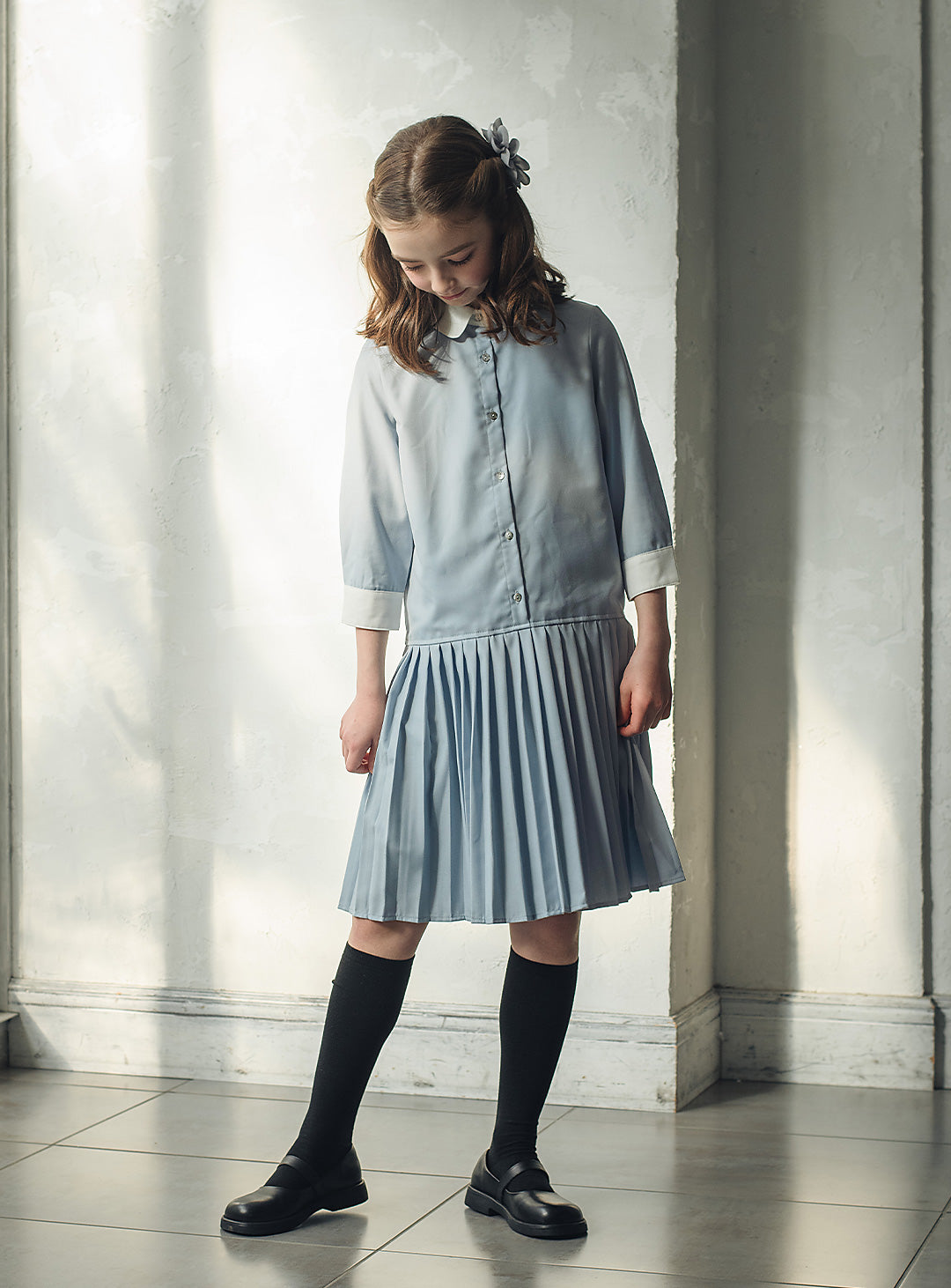 ブルーグレープリーツシャツワンピース