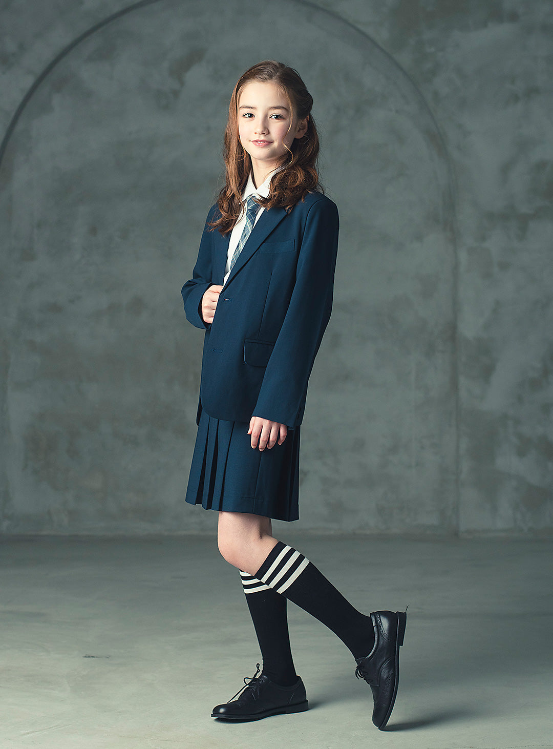 エマネイビーウール混ジャケットプリーツスカート2ピースセット(ジャケット、スカート)