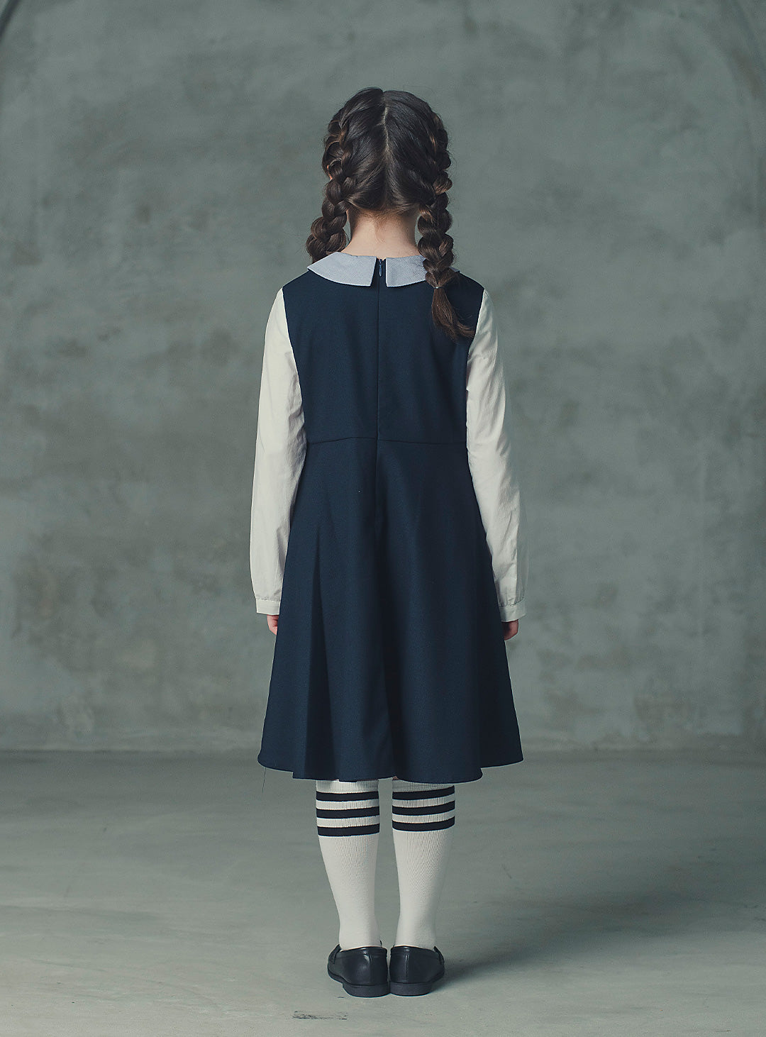 モーブネイビーシングルジャケット+ネイビーバイカラーフェイクワンピース