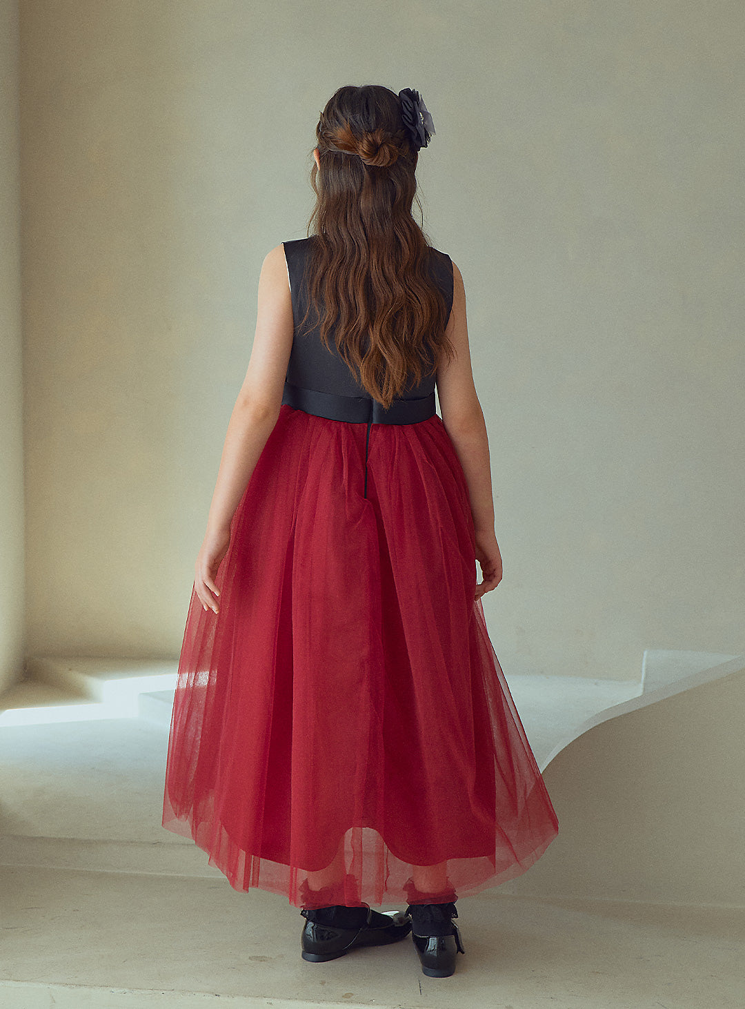 Black and Red Rose Corsage Long Dress